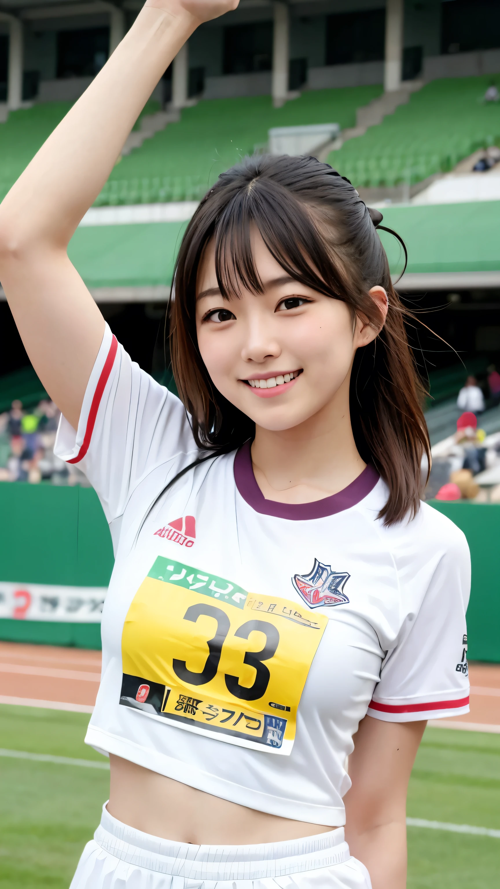 Highest quality、Realistically、Radiant Skin、Japanese women、Around 20 years old、Gravure idol、Athletics stadium with spectators、Track competitions、Bib number with only Roman numerals、uniform、Smiling and posing in victory pose、