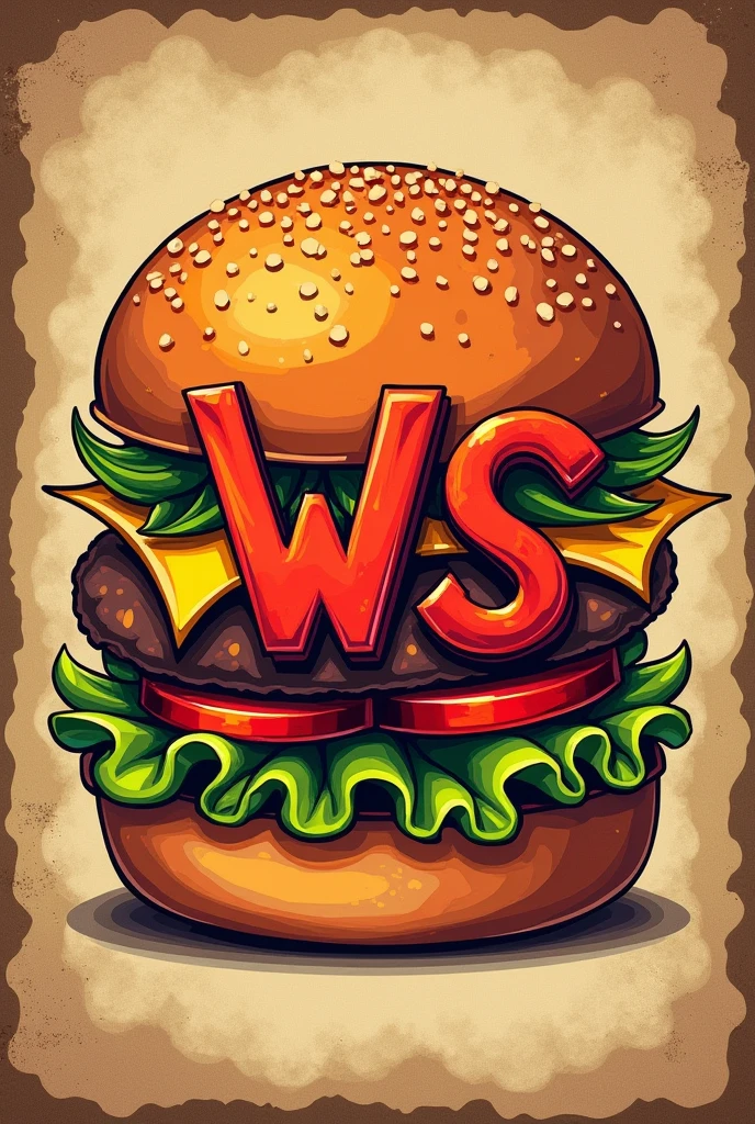 I want a brand logo with vibrant colors, burger shop with initials WS rustic style 
