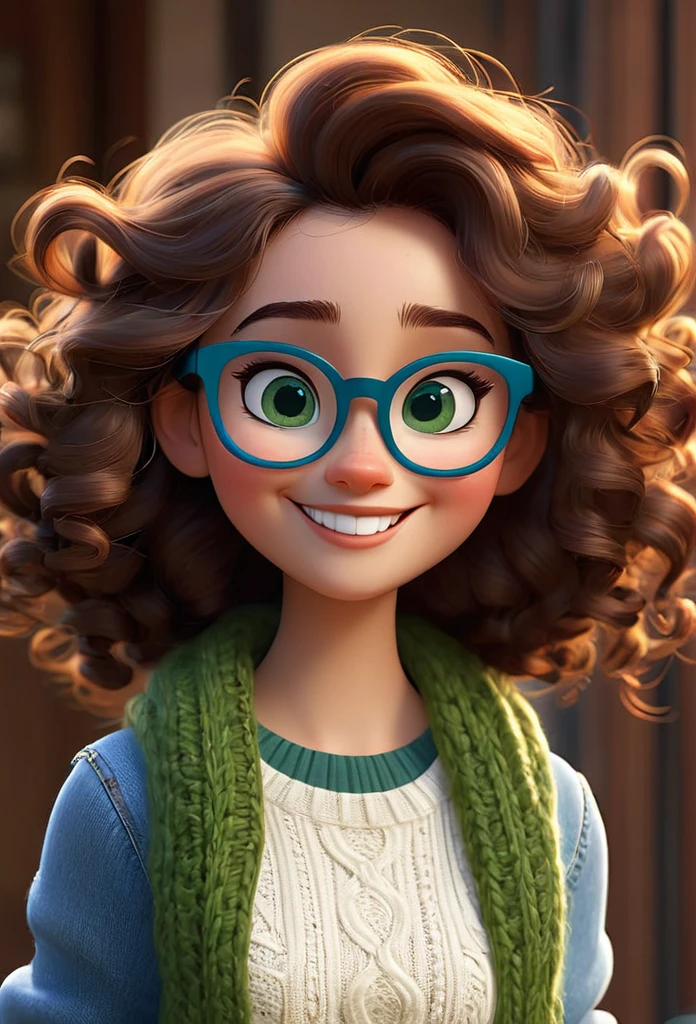 3d, pixar style, disney, A beautiful girl with medium curly and dark brown hair, Dark green eyes and blue glasses in jeans and white knitting smiling
