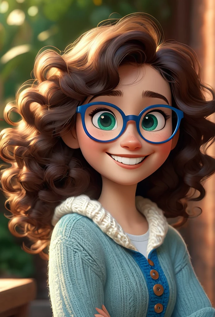 3d, pixar style, disney, A beautiful girl with medium curly and dark brown hair, Dark green eyes and blue glasses in jeans and white knitting smiling
