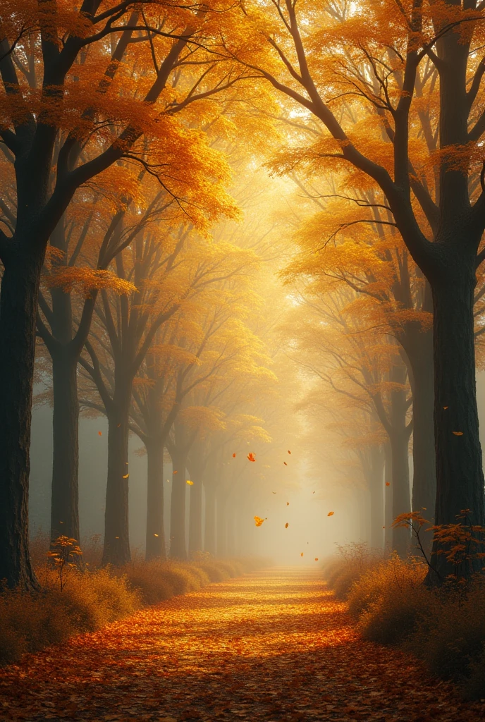 a beautiful autumn scene with golden dead leaves swirling in a cosmic, mystical atmosphere, highly detailed, photorealistic, dramatic lighting, vivid colors, cinematic composition, ethereal, moody, mysterious