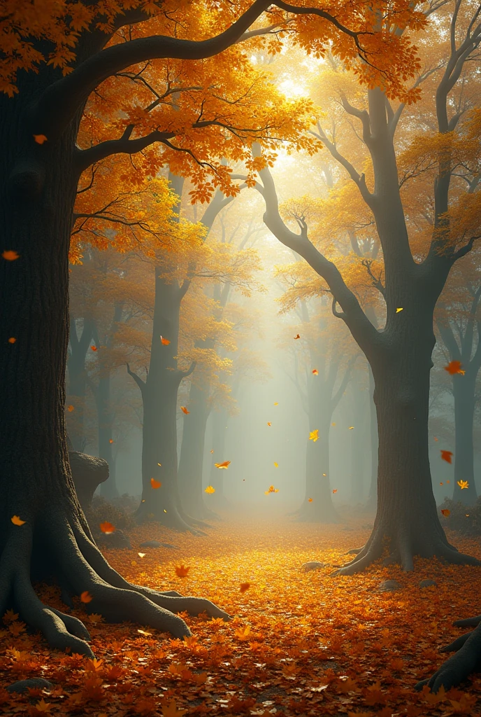 a beautiful autumn scene with golden dead leaves swirling in a cosmic, mystical atmosphere, highly detailed, photorealistic, dramatic lighting, vivid colors, cinematic composition, ethereal, moody, mysterious