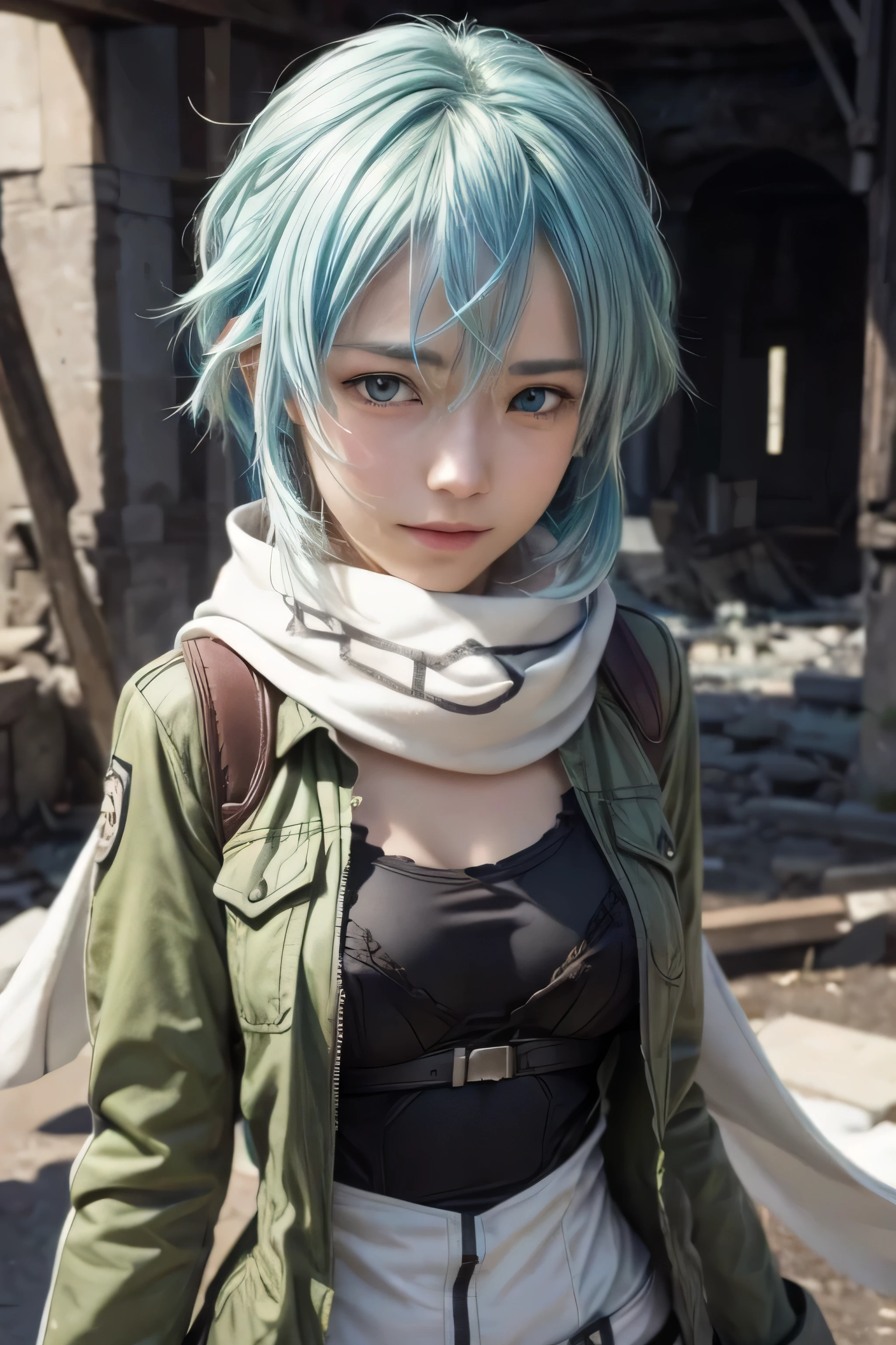 masterpiece, best quality, (realistic,photo-realistic:1.4), (RAW photo:1.2), extremely detailed CG unity 8k wallpaper, delicate and beautiful, amazing,finely detail, official art, absurdres, incredibly absurdres, huge filesize, ultra-detailed,extremely detailed eyes and face,light on face,sinon,(little smile),(blue hair:1.4),(short hair:1.4),(wearing breast plate:1.4),(ruins background:1.4),(sidelocks:1.4),scarf,green jacket