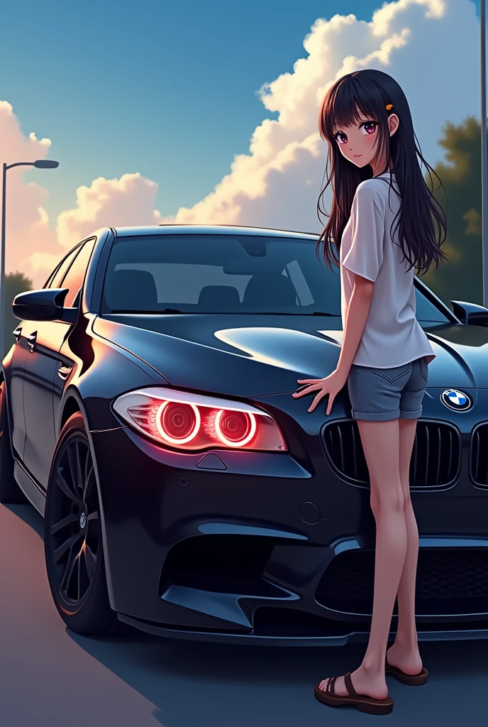 Cute Anime beutiful girl with black bmw m5 with red headlight and look bmw