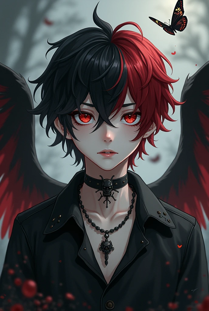 A boy who looks like someone in his 20s, her hair is black and red and her skin is white and pale, each of your eyes has a different color from the other, he is sad and melancholic because he is not reciprocated by the man he loves, he looks like a gothic, he is an angel who lost his heavenly grace and was cursed, he has vampire fangs and one of his wings is skeletal and the other is bat-like, he is a dark wizard, he has a black dog made entirely of darkness, he wears a choker and a skeleton necklace, he also likes butterflies and is an RPG character.