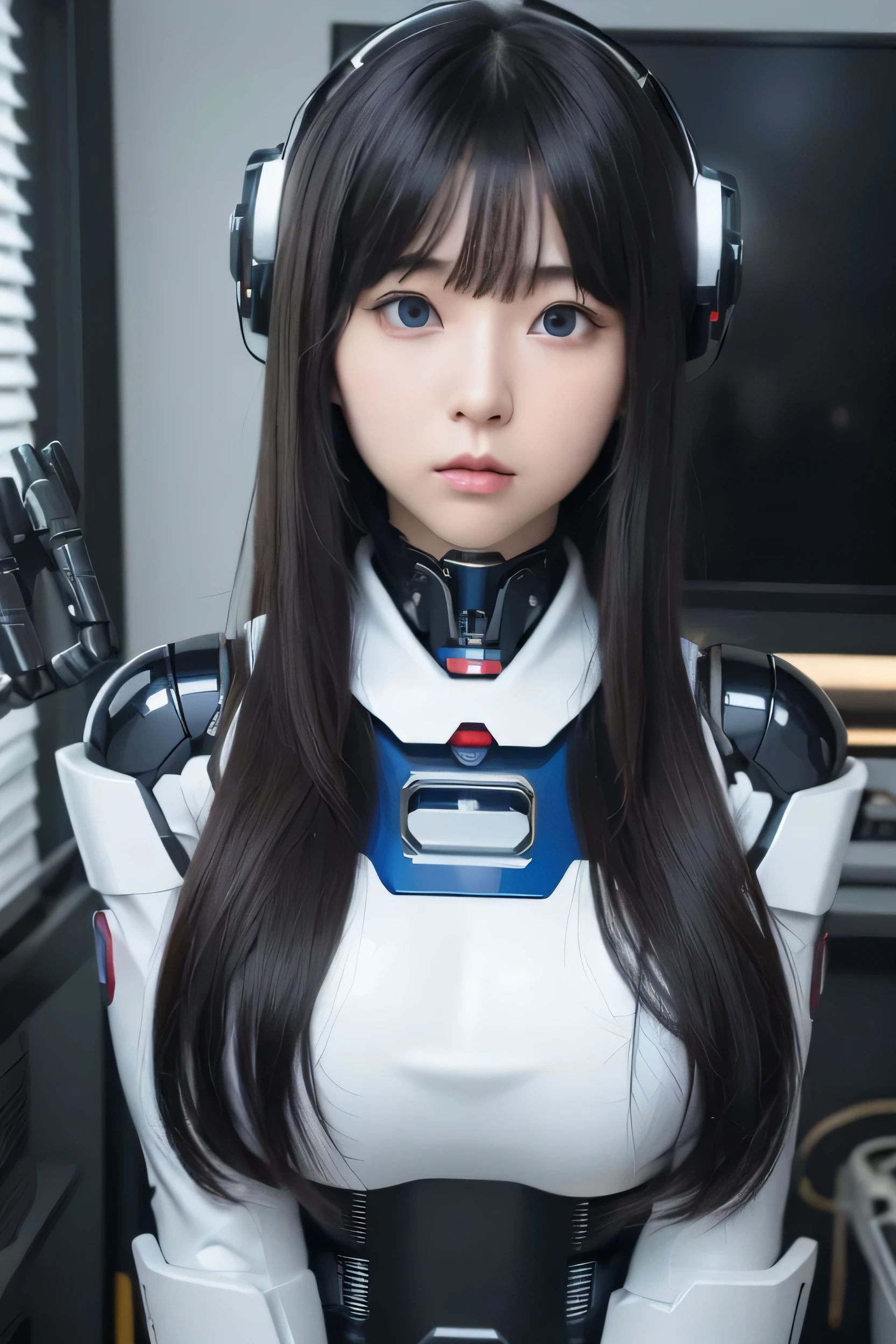 masterpiece, best quality, extremely detailed, Japaese android girl,portrait,Plump,a bit chubby,control panels,android,Droid,Mechanical Hand, Robot arms and legs, Black hair,Blunt bangs,perfect robot girl,long tube,thick cable connected her neck,android,robot,humanoid,cyborg,japanese cyborg girl ,robot-assembly plant,She is assembling now,assembly scene,blue eyes,chest monitor,hypnosis,blank eyes