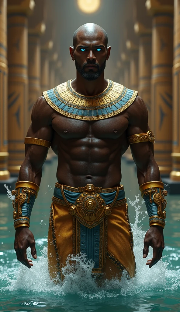 Create an image of Atum, the primordial deity from Egyptian mythology, a male figure with dark brown skin, wearing traditional Egyptian attire with gold accents. His eyes are a vibrant blue, and he has a shaved head. Atum appears as an imposing figure, emerging from primordial waters with an expression of determination. Include traditional Egyptian symbols and a temple-like background. Use masterpiece, best quality, CG, wallpaper, HDR, high quality, ultra detailed face, cinematic, high detail, 8k, raw, high, artstation HQ, unreal engine, octane renderer, 4k resolution, hyperrealistic, highly detailed, and absurdres settings