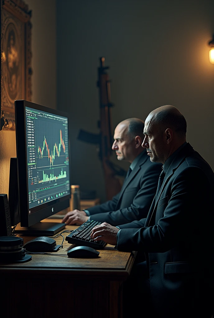 Mafia forex with Ar15 guns leaning against the wall while looking at the forex chart

