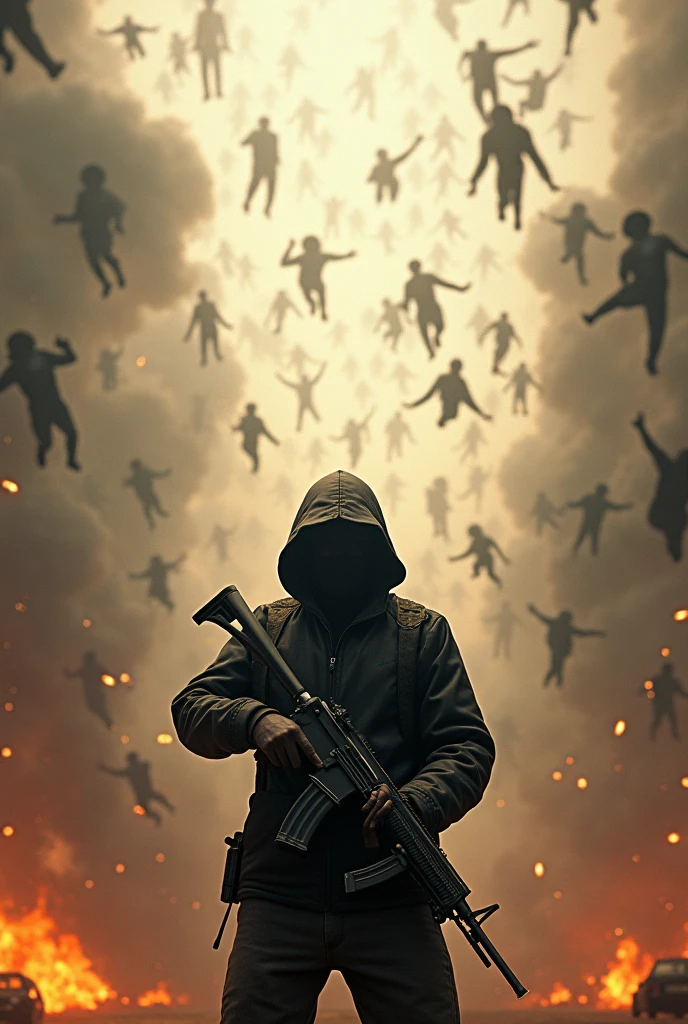 A person holding a mechane gun and foreign 100000 people and people start flying into air and get there weapons from sky and start fireing that person