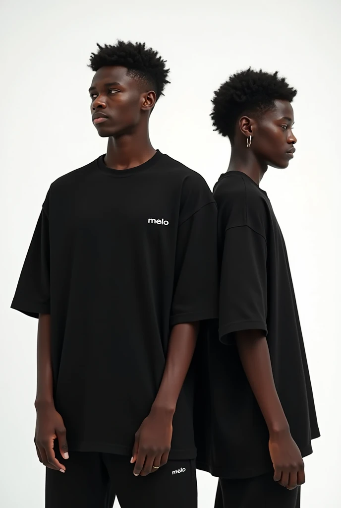 Two young black models, one from the front, the other from the back, wearing an oversized black t-shirt, with a white background for a unisex clothing brand, the one facing the writing; melo, small on the left corner of the chest and the back with a very young print