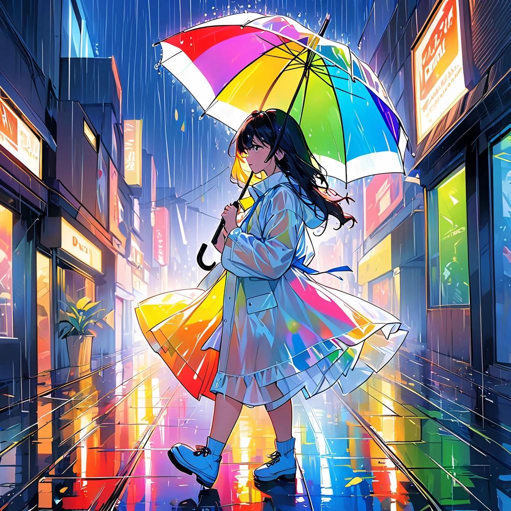 (best qualityer,ultra detali,realisitic:1.37), mood,comic style,bold lines, a girl in a city at night,wearing a raincoat made of clear rainbow-colored vinyl,holding a umbrella,((dancing in the rain like Singin&#39; in the Rain:1.8)),Close to cold colors,reduce saturation,((natural color:2.8)) Full-body image,average:oil painting,face detailed,beautiful eyes and lips,dark and moody atmosphere,swirly vibrant colors,raindrop stripes,city lights reflecting on wet streets,bright umbrellas in the background,rain-soaked sparkling pavement,ethereal and dreamy lighting,((aligned shop windows and narrow sidewalk background:2.0))