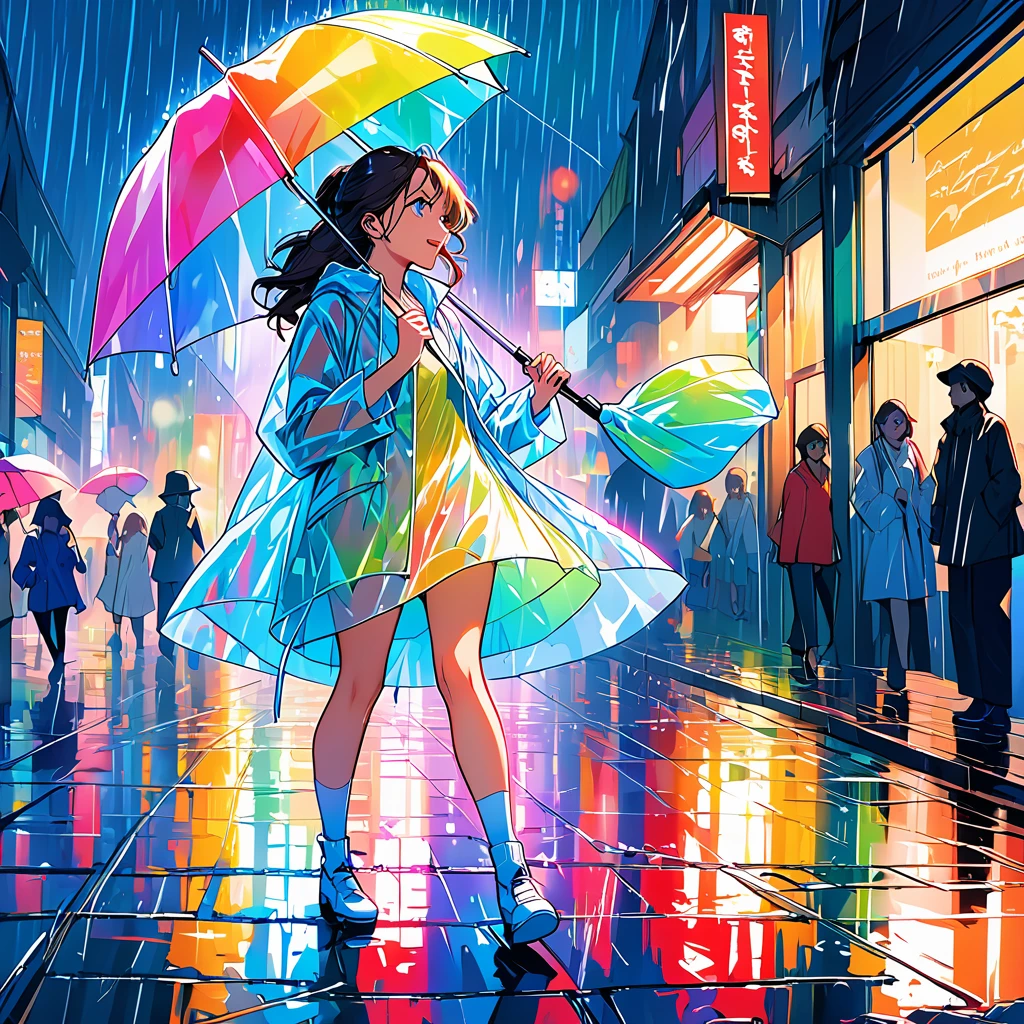 (best qualityer,ultra detali,realisitic:1.37), mood,comic style,bold lines, a girl in a city at night,wearing a raincoat made of clear rainbow-colored vinyl,holding a umbrella,((dancing in the rain like Singin&#39; in the Rain:1.8)),Close to cold colors,reduce saturation,((natural color:2.8)) Full-body image,average:oil painting,face detailed,beautiful eyes and lips,dark and moody atmosphere,swirly vibrant colors,raindrop stripes,city lights reflecting on wet streets,bright umbrellas in the background,rain-soaked sparkling pavement,ethereal and dreamy lighting,((aligned shop windows and narrow sidewalk background:2.0))