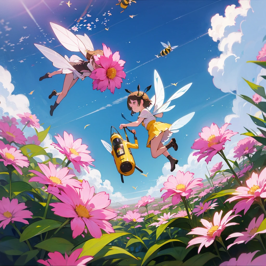Big pink flowers with bee-like girls flying next to the flowers