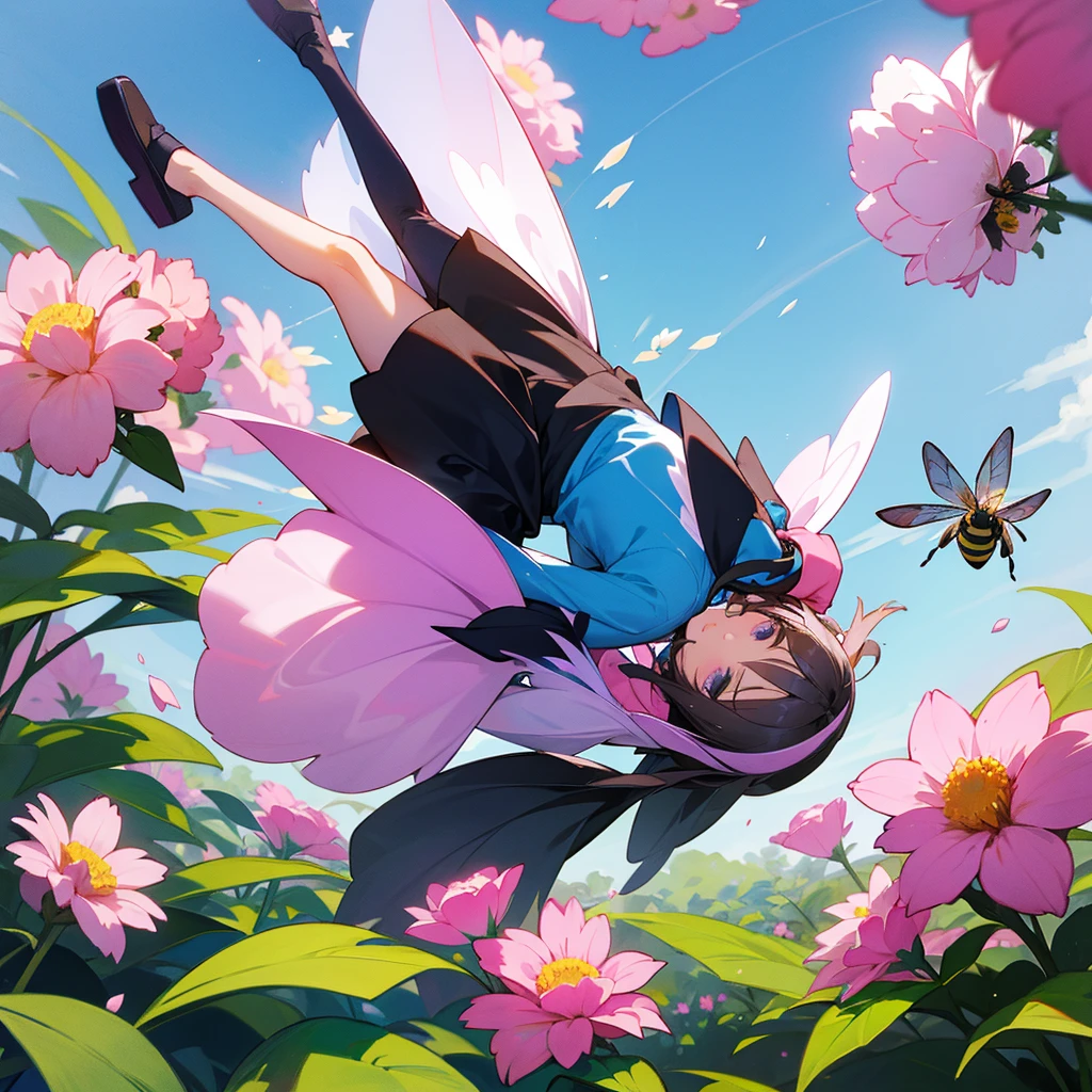 Big pink flowers with bee-like girls flying next to the flowers