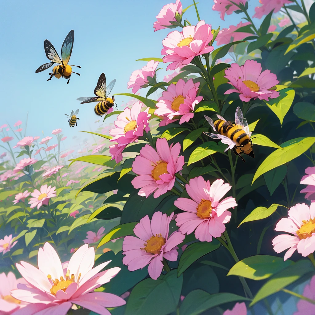 Big pink flowers with bee-like girls flying next to the flowers