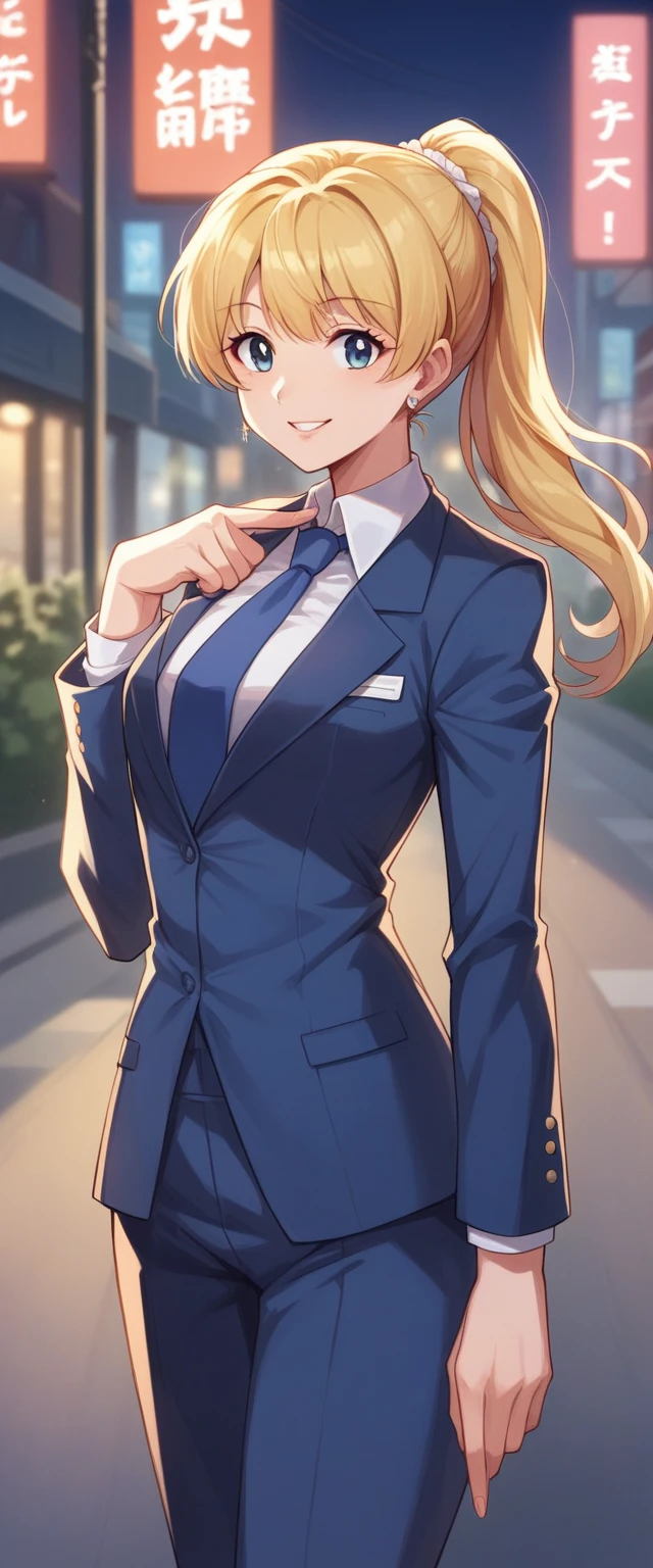 blonde hair."Create a high-definition, anime-style video featuring an adult Usagi Tsukino from 'Sailor Moon,' now a professional woman confidently standing in the middle of a bustling city street. She is dressed in a sharp, tailored business suit, perfectly highlighting her transformation into a strong and capable adult. Usagi strikes a stylish model-like pose, with one hand placed confidently on her hip, showcasing her poise and charisma. The camera captures her from the front as she stands tall, exuding confidence and grace. She adds a playful touch to her pose by winking and closing one eye, a charming smile on her lips as she glances at the camera. The background is a lively urban scene, with blurred passersby and vibrant city lights, but the focus remains on Usagi, who stands out as a beacon of confidence and style. The overall mood of the scene is empowering and playful, capturing Usagi’s blend of professionalism and her enduring, youthful spirit."