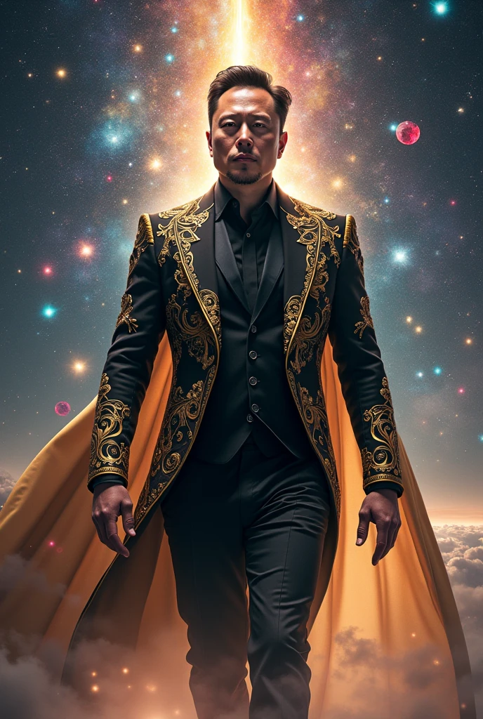 Create a strong Elon Musk with a suit with lots of gold and colored stones flying in the universe 