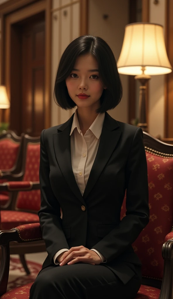 (Best quality, Japanese woman, 4, short black hair, (wearing a formal suit), sitting in a luxury hotel lobby, evening lighting)