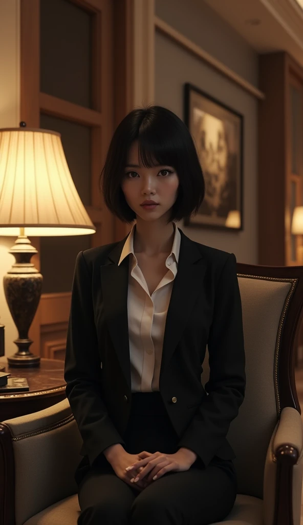 (Best quality, Japanese woman, 4, short black hair, (wearing a formal suit), sitting in a luxury hotel lobby, evening lighting)