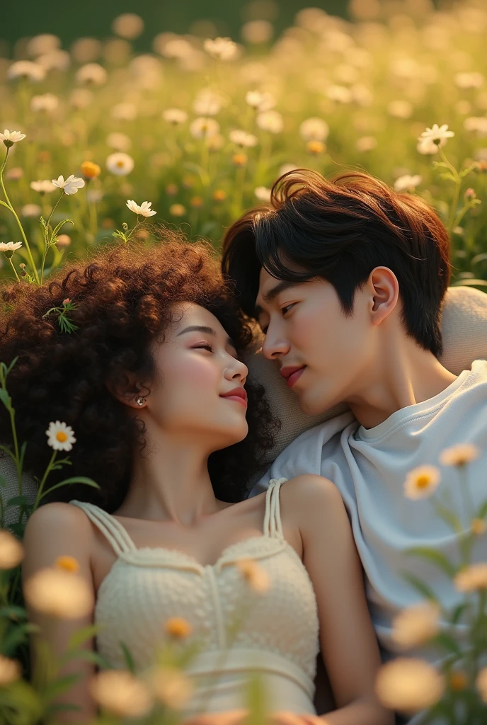Korean man lying with curly haired woman in a field.