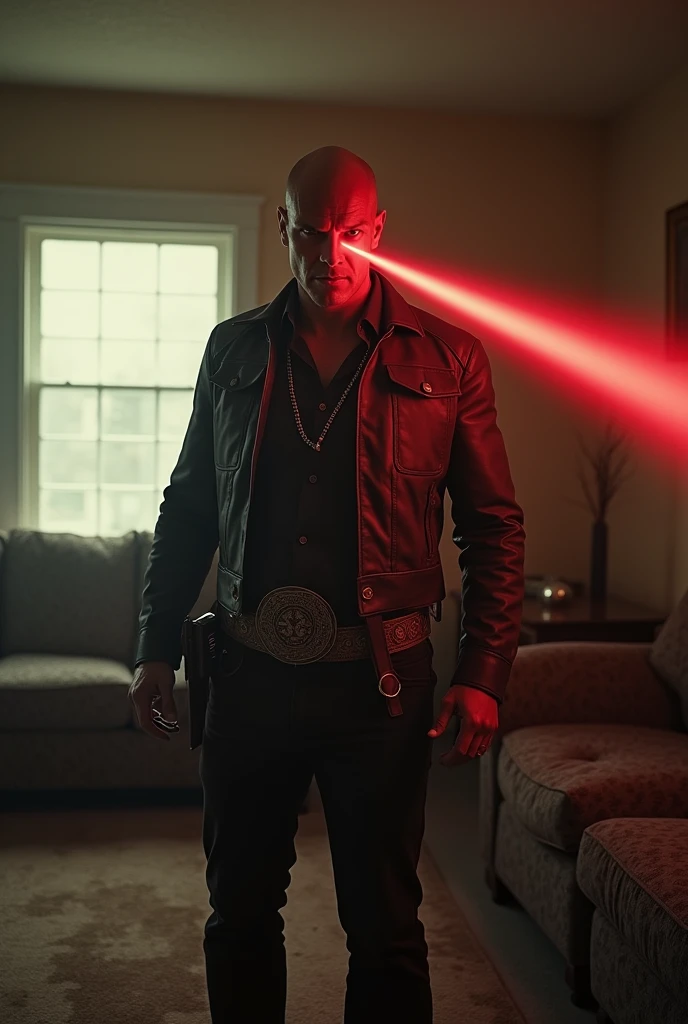 Cowboy from hell who resembles Yul Brynner in Westworld in his living room. He is firing a laser beam from his eyeball to cut fabric for a new curtain. In the backround is a window that has no curtain. Hyper real, 35mm photograph.