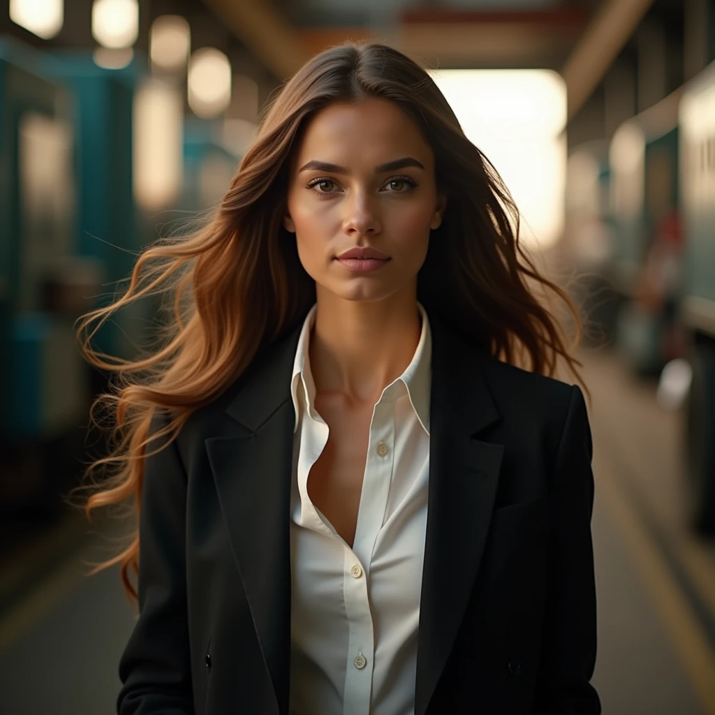 une belle fille aux longs cheveux bruns, yeux détaillés, nez, et les lèvres, porter une tenue professionnelle, marcher dans une industrie, utiliser sa créativité pour faire évoluer l'entreprise (Meilleure qualité,4k,8k,haute résolution,chef-d&#39;œuvre:1.2),ultra-détaillé,(Réaliste,photoRéaliste,photo-Réaliste:1.37),HDR,éclairage de studio,visage et corps extrêmement détaillés, portrait,Éclairage cinématographique,Éclairage dramatique,tons de couleurs chaudes,couleurs dramatiques