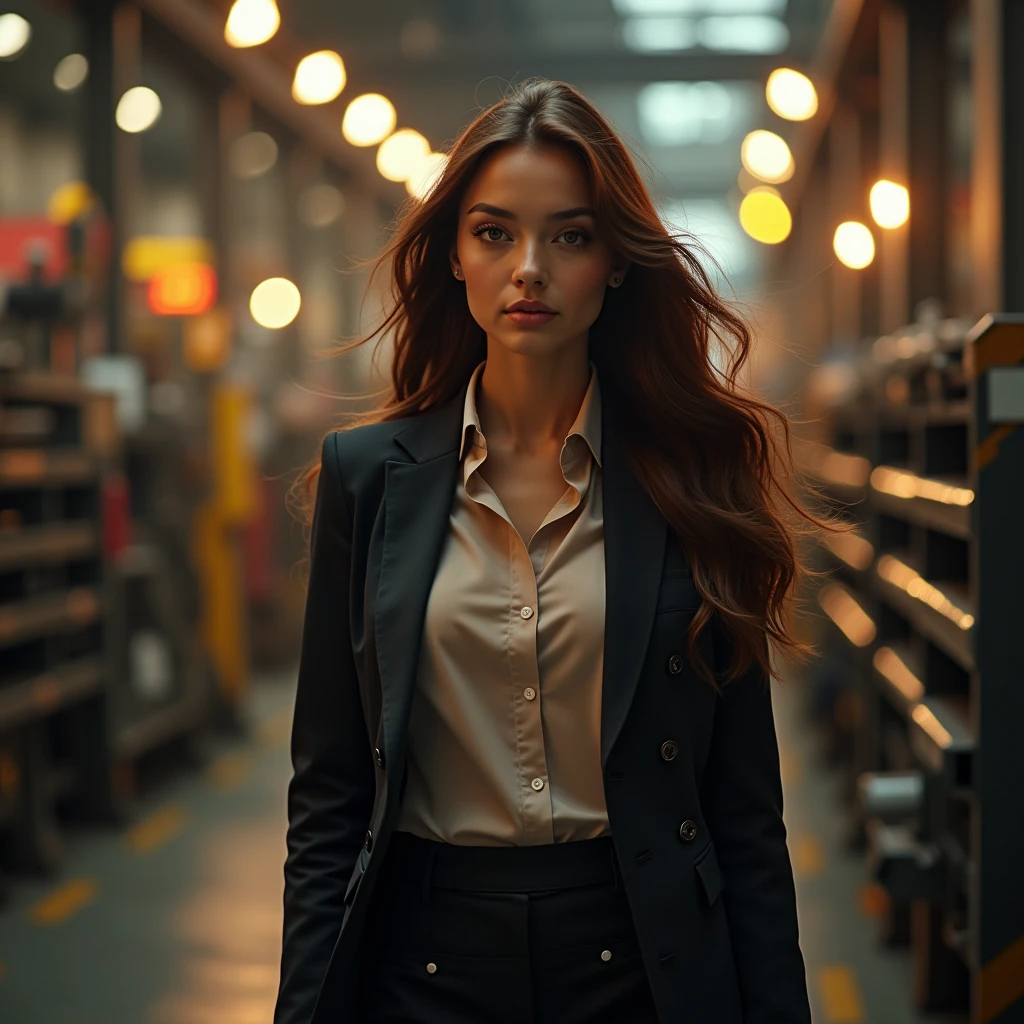 une belle fille aux longs cheveux bruns, yeux détaillés, nez, et les lèvres, porter une tenue professionnelle, marcher dans une industrie, utiliser sa créativité pour faire évoluer l'entreprise (Meilleure qualité,4k,8k,haute résolution,chef-d'œuvre:1.2),ultra-détaillé,(Réaliste,photoRéaliste,photo-Réaliste:1.37),HDR,éclairage de studio,visage et corps extrêmement détaillés, portrait,Éclairage cinématographique,Éclairage dramatique,tons de couleurs chaudes,couleurs dramatiques