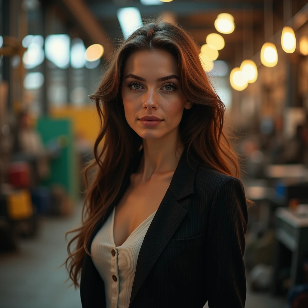 une belle fille aux longs cheveux bruns, yeux détaillés, nez, et les lèvres, porter une tenue professionnelle, marcher dans une industrie, utiliser sa créativité pour faire évoluer l'entreprise (Meilleure qualité,4k,8k,haute résolution,chef-d'œuvre:1.2),ultra-détaillé,(Réaliste,photoRéaliste,photo-Réaliste:1.37),HDR,éclairage de studio,visage et corps extrêmement détaillés, portrait,Éclairage cinématographique,Éclairage dramatique,tons de couleurs chaudes,couleurs dramatiques