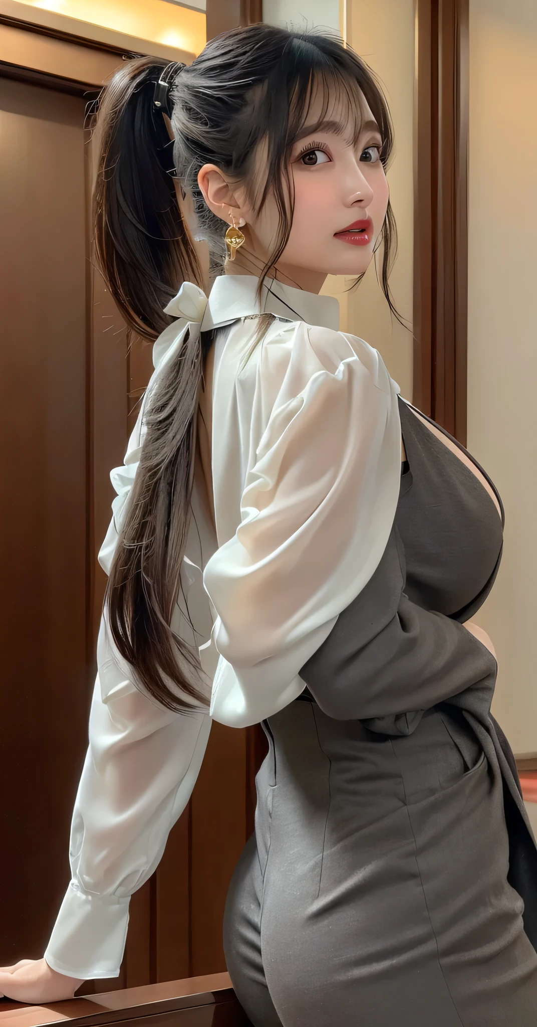 1lady standing, /(white oversized sweater/) v-neck, mature female, /(brown hair/) bangs, blush kind smile, (masterpiece best quality:1.2) delicate illustration ultra-detailed, pantyhose BREAK /(modern house living room/) indoors, (((looking back))), (((sexy)))