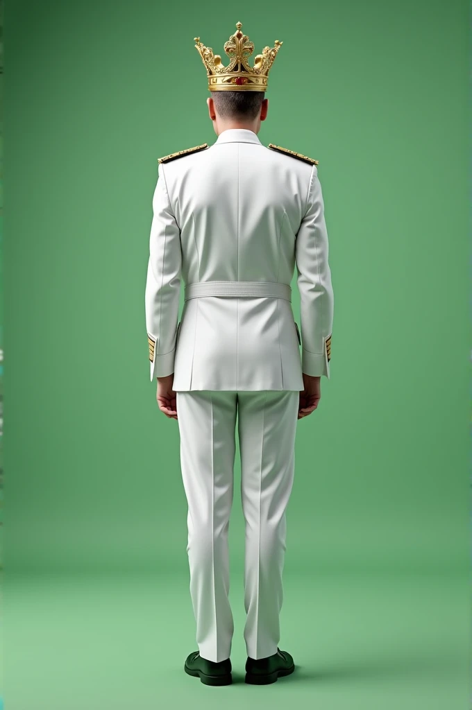 Rear full viewed, Military governor general standing, Male, King's crown on head , white uniform,  plain green screen background 