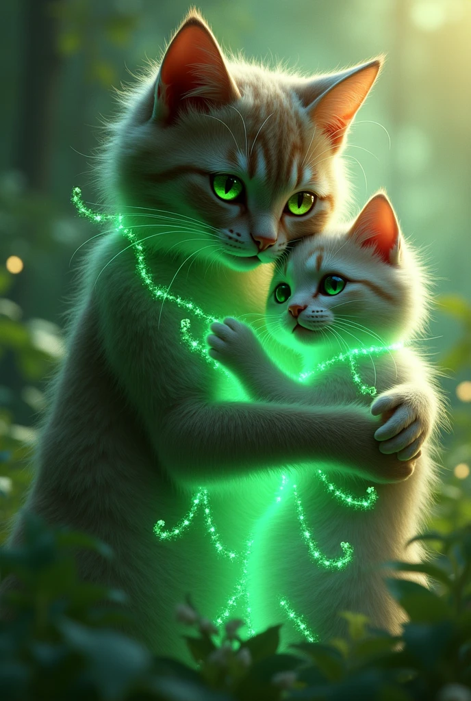 The cat with green light strings on its body hugged its normal mother cat.