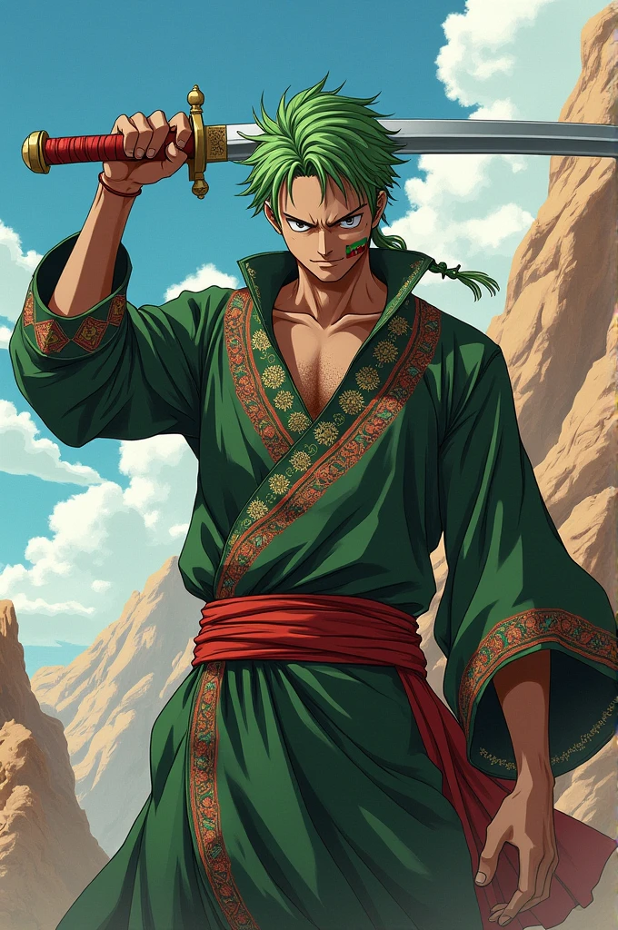 Ceate zoro from one pieve that hreen hair guy and he is wearing Afghanistan traditional he has a sword in hind and small flag of Afghanistan on cheek amd background Afghanistan type