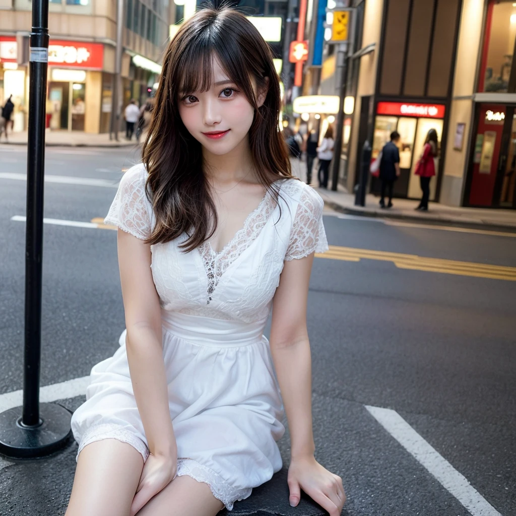 Tabletop, Highest quality, figure, Very detailed, In detail, High resolution, 8k wallpaper, Perfect dynamic composition, Beautiful attention to detail, dress,Medium Hair, Natural color lip, Random sexy poses,smile,Aoyama Street Walk、20-year-old girl