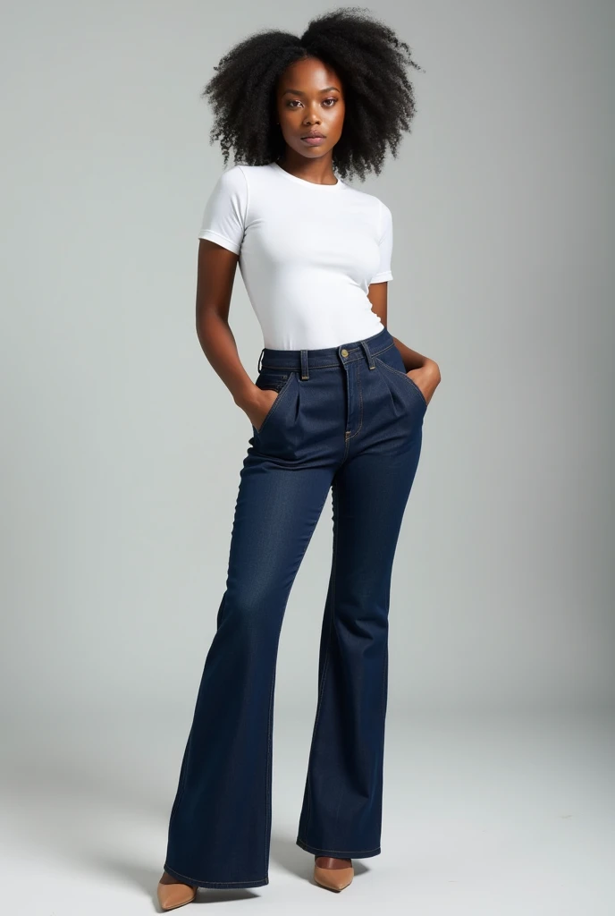 image captured with a Sony α7 III camera, full body shot, an narrow waist, slightly wide hips, and a full bust, hourglass body figure, young Black woman early 20's, wide leg jeans in dark Blue color, fitted waist tee in white color, standing, light brown high heels, light gray background.