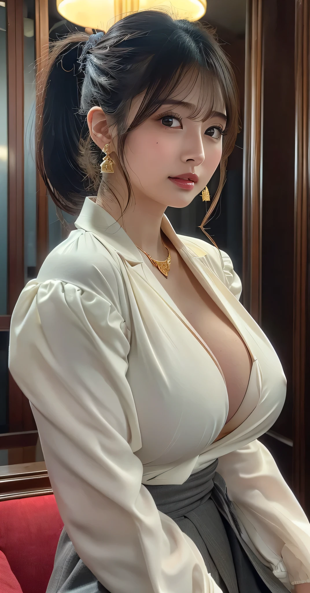 (8k,RAW Photos,Like the picture:1.45),masterpiece,Highest quality,wonderful,(セクシーなMature Woman:1),(Mature Woman:1.3), (2 woman.1.3)、(((very, very大きい)))、(((Extremely lewd and very huge boobs)))、(((Very deep cleavage)))、Hyper Real、In the lounge of a luxury hotel、A beautiful and dignified smile、Beautiful white skin、Beautiful, delicate and precise skin texture、With long, fluffy, beautiful brown hair(High point ponytail:1.35)、Beautiful Japanese Women、(Big Ass)、Thick thighs、Bright red lips、Gold earrings、Gold bracelet、Gold Necklace、{Charcoal gray suit(White blouse)}, 