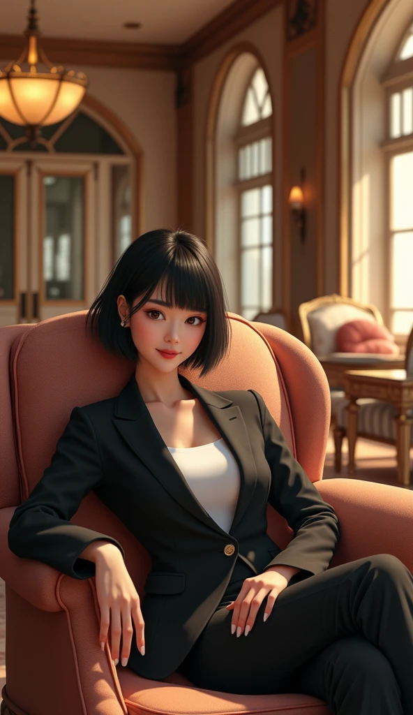 (masterpiece, 1girl, Japanese, 4, short black hair, relaxing in a luxury hotel lobby, (wearing a blazer), sophisticated atmosphere)