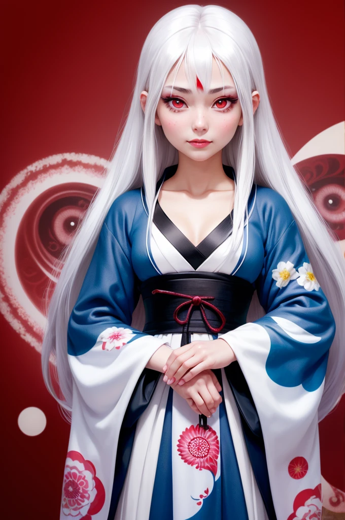 A masterpiece of the highest quality, 1 girl, One, White hair, japanese clothing, kimono, long hair, I look at the viewer, ((Red eyes)), smile, sparkling eyes, ((hands on your own face)), ((blood swirl)), (yandere:1.4), (sparkling eyes:1.4), Crazy eyes