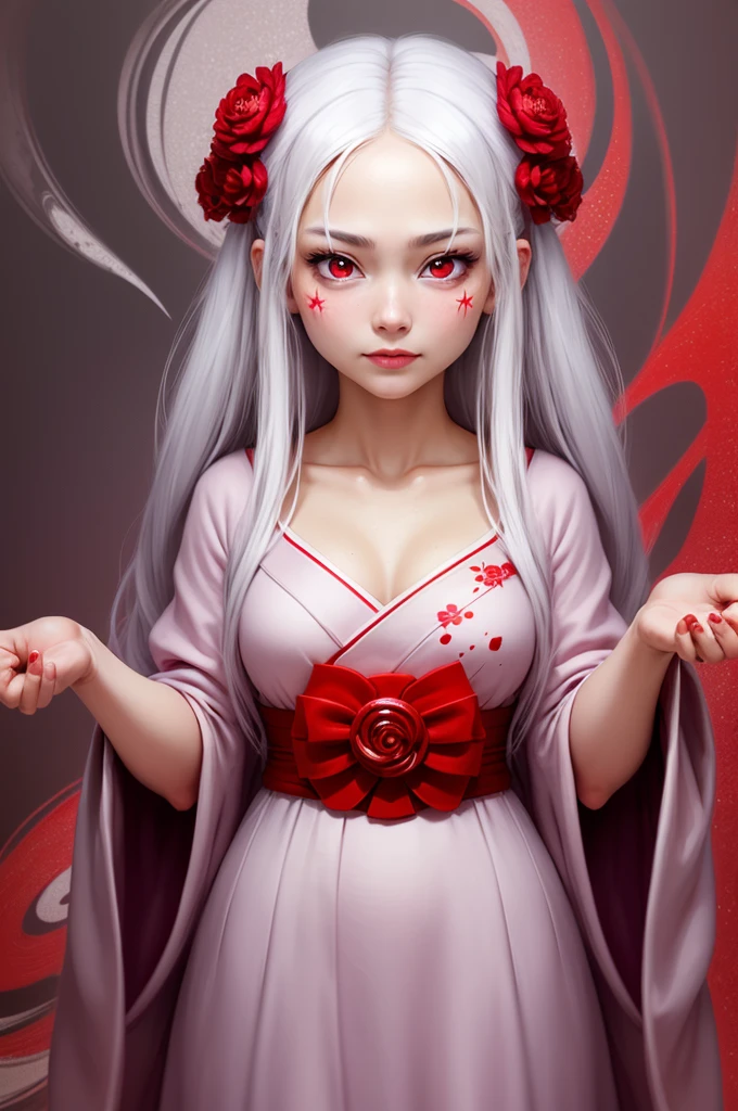 A masterpiece of the highest quality, 1 girl, One, White hair, japanese clothing, kimono, long hair, I look at the viewer, ((Red eyes)), smile, sparkling eyes, ((hands on your own face)), ((blood swirl)), (yandere:1.4), (sparkling eyes:1.4), Crazy eyes