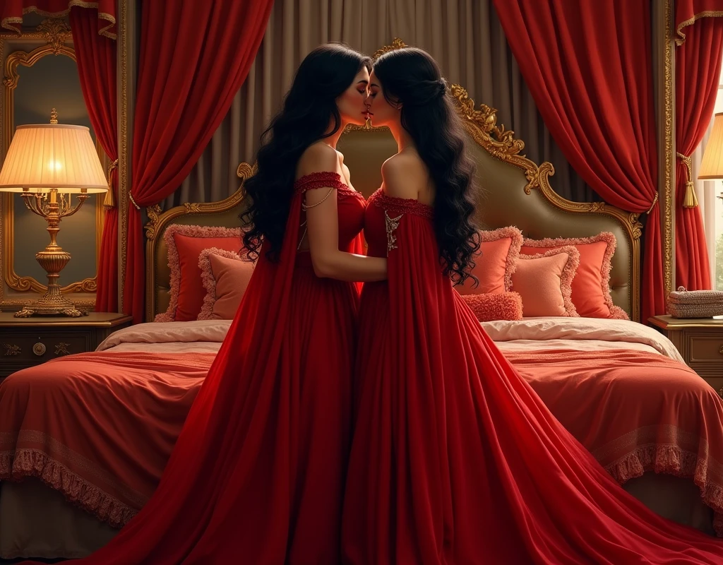 highest quality, masterpiece, highest resolution, artwork, super それにget used to it, many get used to it, get used to it, それにget used to it, romantic, two woman,two woman with black hair, kissing,((red satin elegant dresses)),red satin evening dresses,full-length red satin silk cape,((Gorgeous queen rococo robe satin dress with voluminous full-length hoop skirt)),((gorgeous queen length satin silk cape)),long sleeve,long dress,A dress with full silk fabric...,luxury,((Palace full red bedroom)),((huge satin bed)),Frilled silk red bedspread,many pillows on the bed,fluffy pillow with frills,two woman is standing kissing in front of the bed,luxurious ruffled red curtains