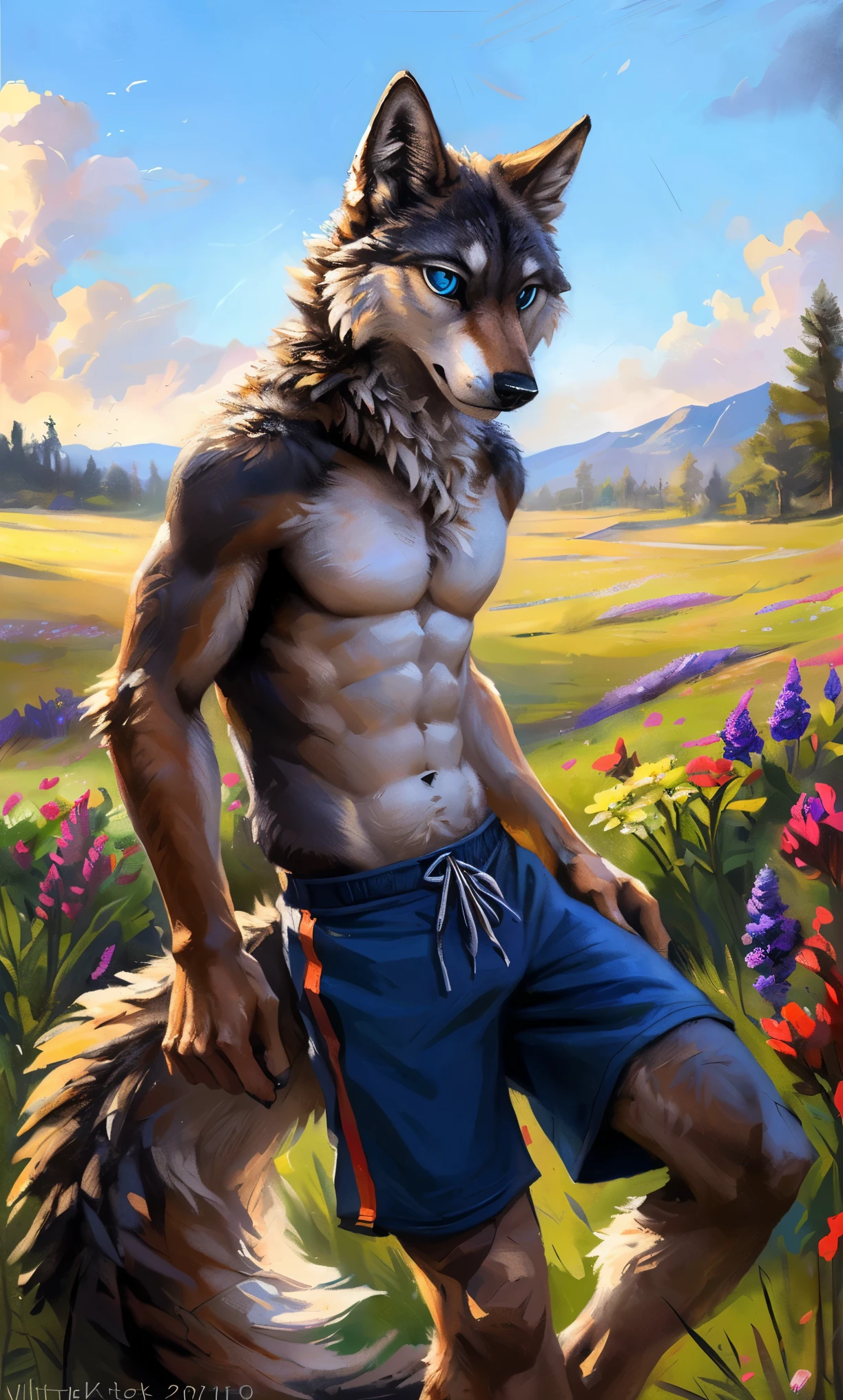 ((Solo)), male people, anthro wolf, (Multi-colored fur, White-brown:1.3,White tail pointed), (Height 2.1m,Tail length 1.2m), ((Wolf face, Big eyes, White eyelids, Blue pupil, Slim:1.2) (Tough, Calm expression:1.2)), Abs, Slim, pinging)), (Correct anatomy), (Work shorts:1.1), The upper body , (detailed outfits),A long big tail,Feet,(Realistic fur, Detailed fur texture, labeled:1.3)), (Natural lighting), Photorealistic, Hyperrealistic, ultradetailed, by Kenket,In a sea of flowers,erectugh,Running on