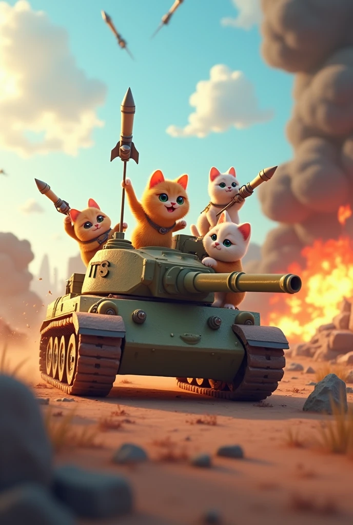 Cute 3d animating cat army in war fire misile in tank