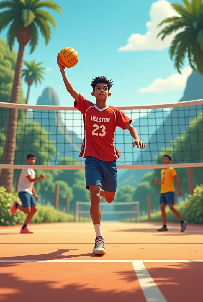 Back photo with vollyball court outdoor A boy with vollyball jersey number 23 name helston
20 years old Indian boy