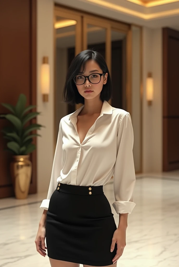 ((Best 16K quality, ultra realistic, ultra HD)) A woman in a six-star hotel lobby wearing a tight black short skirt and a tight white dress shirt with the first two buttons loose, she is American and has some Chinese features, short black hair down to the shoulders straight, black eyes, full breasts, prominent butt, beautiful legs, glasses, serious expression, short eyes