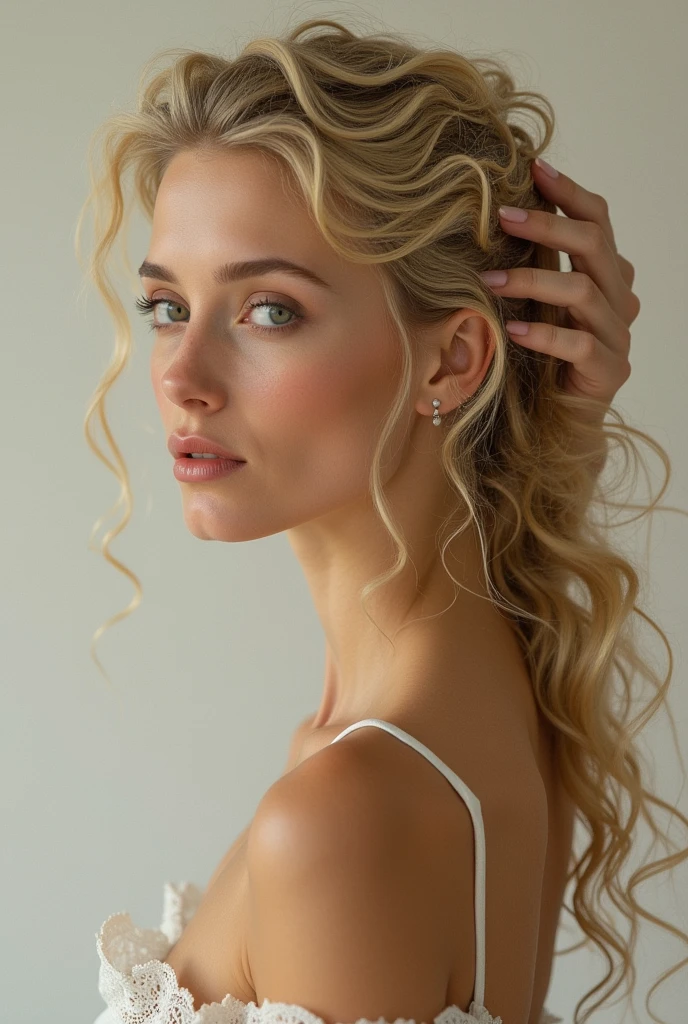 in profile, a blonde woman's face with curly, tied hair, a hand in the hair,thin nose and tanned complexion