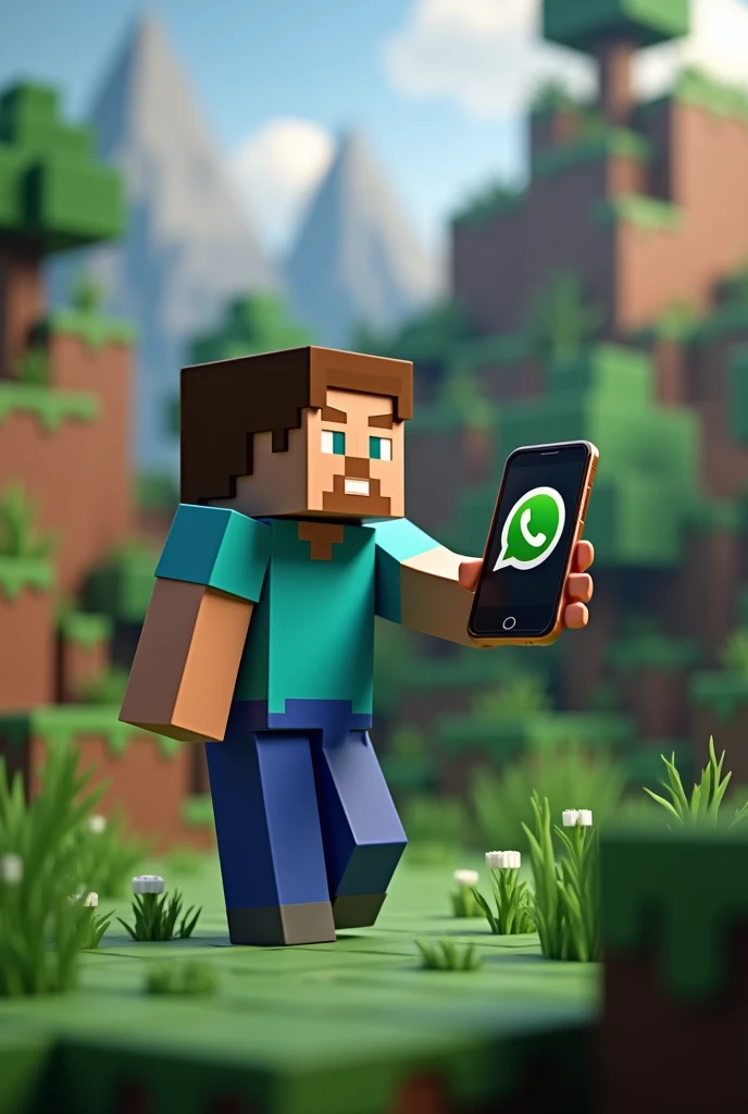 A Minecraft guy holding a cell phone showing the WhatsApp logo but in the Minecraft world