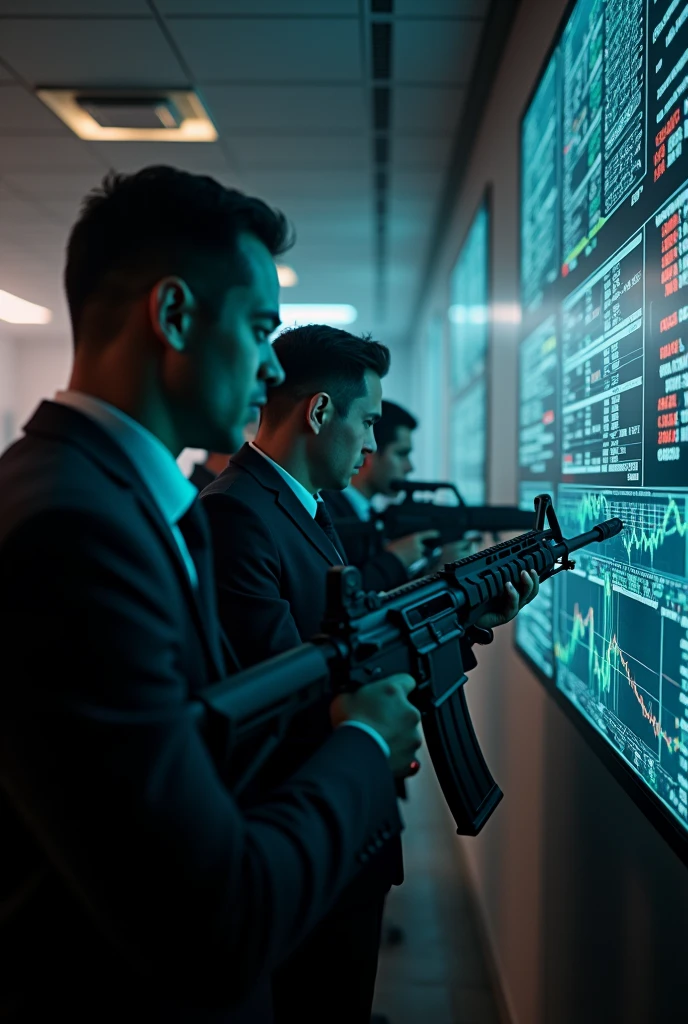 Mafia forex with m4 rifle guns leaning against the wall while looking at the forex chart