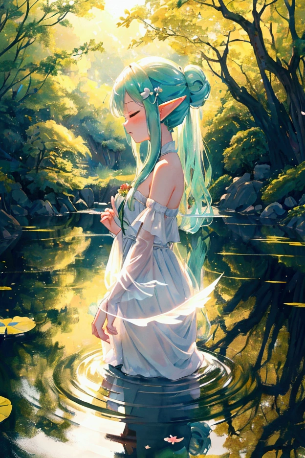 Charming 2D rendering anime elf girl，A cute elf girl captures a charming、dreamy scene，Tranquil pond surrounded by lush greenery and delicate flowers。The calm water reflects the vibrant colors and reflections of the surrounding nature，Disturbed only by the slight ripples caused by falling petals。Golden sunlight shines through the trees，Casts a warm, cozy glow on the water。Ethereal elf girl standing by the water，She is dark、Messy bun decorated with a small flower。She wore a flowing translucent white dress and sparkling wings，Looks like a harmonious part of the picturesque landscape。she closed her eyes，Embrace the beauty around you，Create a peaceful and peaceful atmosphere，Evoke feelings of relaxation and rejuvenation。The painting cleverly incorporates elements of dark fantasy