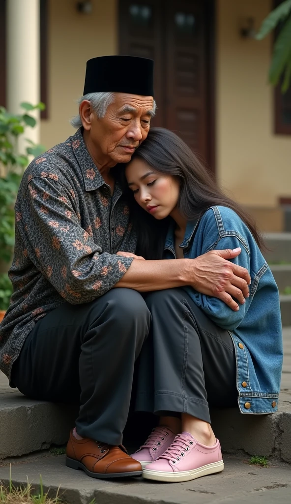 A 60 year old Indonesian man, wear a black Muslim cap, baju batik dan long pants, wearing leather shoes, sad face facing the camera while hugging beautiful Indonesian woman, fair skin, big nose, long wavy hair, wearing a denim jacket, long pants, wearing pink sneakers, sit down, sad face facing the camera, in front of the country house, in a beautiful afternoon, minimal defects, very detail, realistic, 8K picture