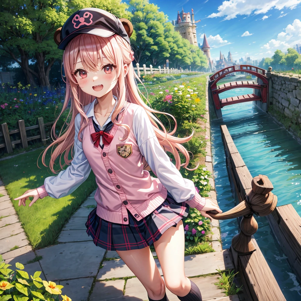 Pink Blonde、Red eyes、Wavy Hair、Hair tied up、Two cute、Checked mini skirt、black t-shirts、cardigan、Knee-high socks、bear ears baseball cap、Teeth are visible、Monster Castle、Tilting face、crossing the bridge、hazakura、windmill、grass、Stones are growing out of the ground.、A teddy bear is walking、Morning glory is blooming.、In front of the city gates、clock、Underground tunnels、Waterway、Small boat