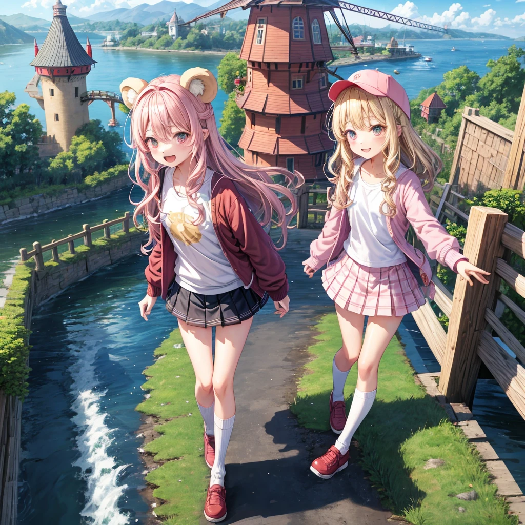 Pink Blonde、Red eyes、Wavy Hair、Hair tied up、Two cute、Checked mini skirt、black t-shirts、cardigan、Knee-high socks、bear ears baseball cap、Teeth are visible、Monster Castle、Tilting face、crossing the bridge、hazakura、windmill、grass、Stones are growing out of the ground.、A teddy bear is walking、Morning glory is blooming.、In front of the city gates、clock、Underground tunnels、Waterway、Small boat
